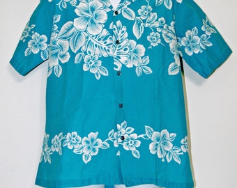 Hilo Hatties Hawaiian Shirt, Aloha Shirt, Aqua, Turquoise, Floral, Hibiscus, Tropical, Beach Wear, Mens', Size Medium, Made in USA, Kitsch