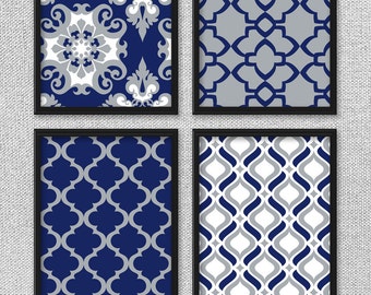 Printable Art Set, Navy and Gray Art, Printable Art, Damask Art, Digital Art Prints, Kitchen Art, Bedroom Art, Home Decor