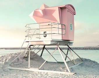 San Diego Photography, Pink and Mint Green, Lifeguard Tower, California Beach Art, Pastel Beach Decor, Vertical Print, Pink and Aqua Decor