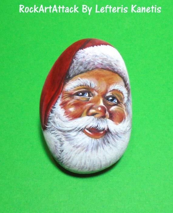 Santa Claus Hand Painted Stone Face Rock Painting Handmade