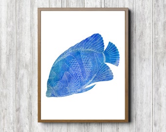 Watercolor Fish Wall Decor - Blue Fish Printable Office Wall Art - Blue Nursery /Boys Room Wall Poster- Marine Animal- Sea Themed Watercolor