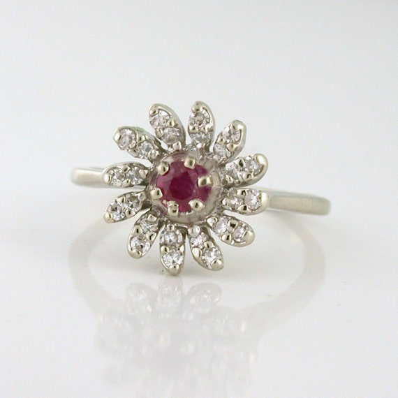 Ruby Diamond Flower Ring 14k gold circa 1940s Fun Flirty Design