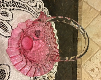 Fenton Cranberry Optic 'Quilt' Crimped, Ruffled Edge Basket with Clear Handle ~ 1940's