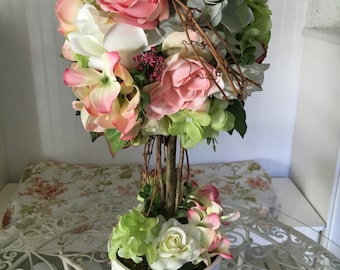 Flower topiary - shabby chic flowers - rose decor - hydrangea decor - wedding topiary - silk arrangement - floral home decor - topiary tree