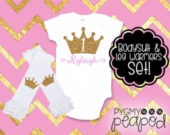 First Birthday Princess Crown "1" 1st Birthday Baby Bodysuit & Leg Warmers Set - White with Gold Glitter + Pink - First Birthday Outfit