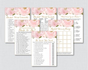 Pink Floral Bridal Shower Games Package with Six Games- Printable Blush Pink Gold Flower Garden Bridal Games - He Said, Bingo, etc 0007