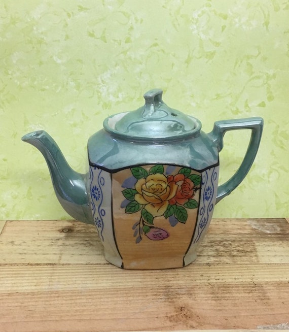 Lusterware Teapot Floral Design Japan Blue Gray and Peach