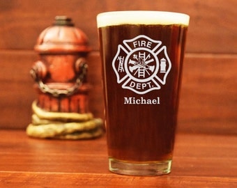 Fireman Pint Glass, Firefighter Beer Glass, Maltese Cross, Personalized Pint Glass, Custom Beer Mug, Gifts for Firefighters, Fire Department