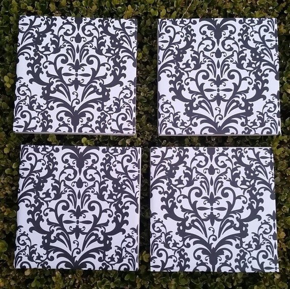 Items similar to Damask pattern tile wall art, black and white art