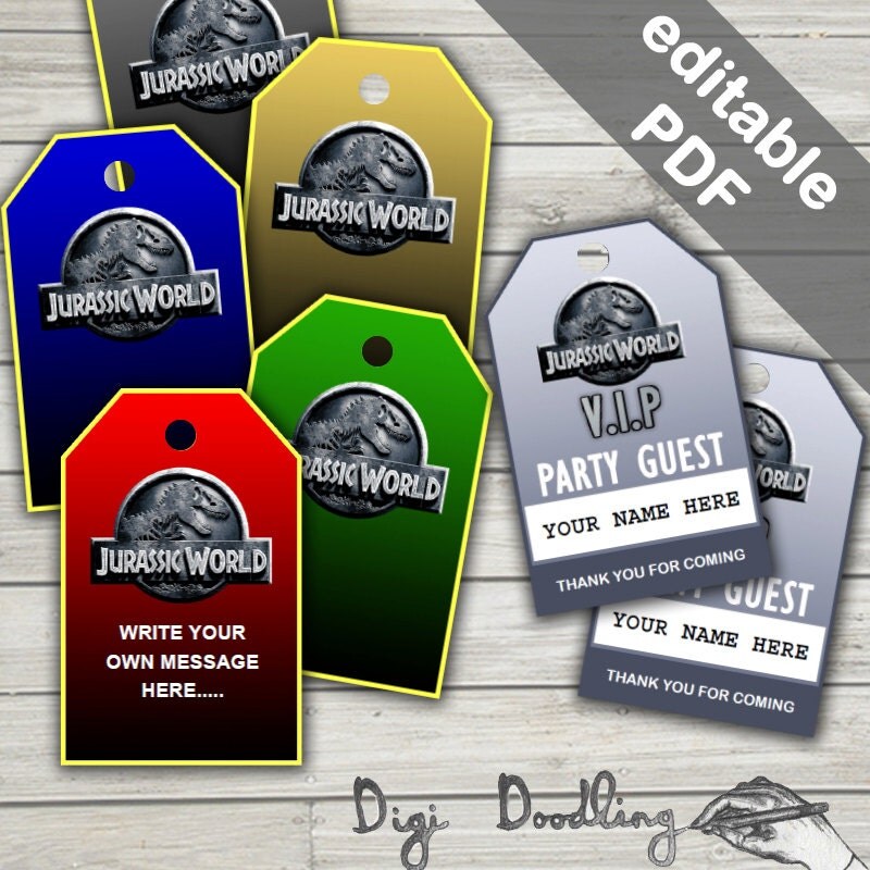 Jurassic World Party Favor Tags. Two Designs. Editable PDF.