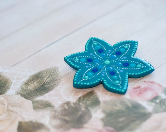 Turquoise brooch, Blue brooch, Turquoise flower brooch, Hand-painted brooch, Big brooch, Big flower brooch, Plain brooch, Flower brooche