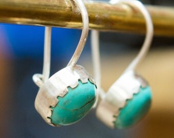 Small dangle earrings, Sterling silver earrings, Bezel set earrings, Hook Earrings, Dainty turquoise Bezel Set Earrings, Gemstone earrings