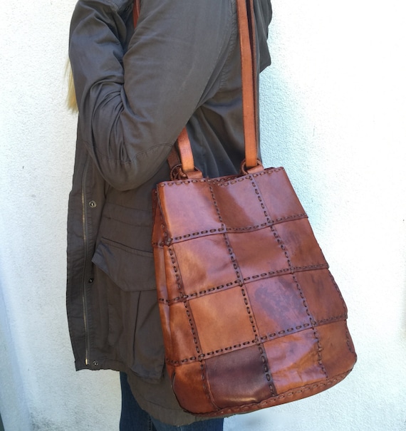 Leather Shoulder Bag Hand Stitched Leather Patchwork Fall
