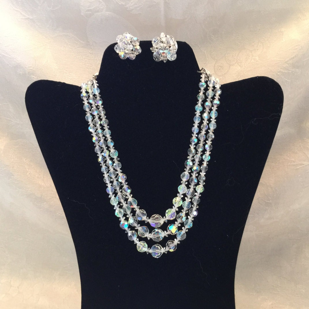 3 Three Strand Clear Vintage Aurora Borealis Crystal Necklace
