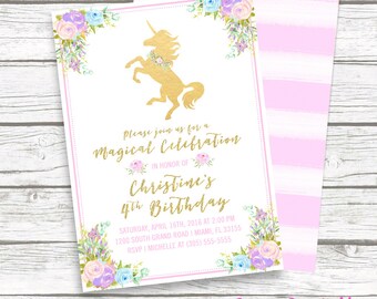 Unicorn Invitation, Unicorn Birthday Invitation, Girl 1st First Birthday Party Invitation, Pastel Floral Gold Glitter Printable Invitation