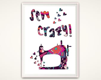 Sewing Room Print, Craft Room Wall Art, Sew Crazy Sewing Machine Art, Gifts for Sewers, Sewing Print, Gift for Quilter, INSTANT download PDF