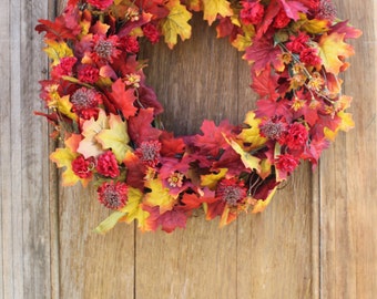 Fall Wreath, Fall Leaf Wreath, Red Leaf Wreath, Autumn Wreath, Fall Floral Wreath, Maple Leaf Wreath, Mum Wreath, Front Door Wreath