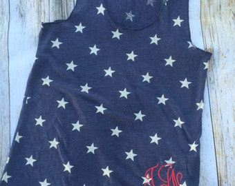 Patriotic monogrammed women's star tank top, 4th of july USA women's summer tank cute monogram, red white blue, monogram shirt