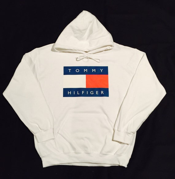 White Tommy Hilfiger Logo Hoodie Sweatshirt Vintage 90s Streetwear Fashion