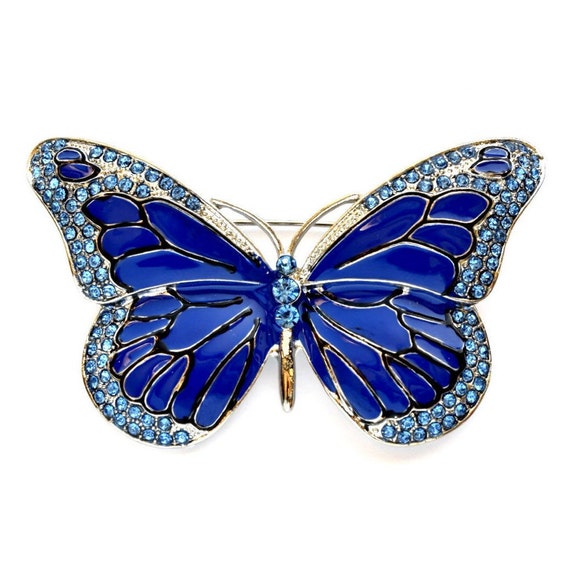 Blue Butterfly Navy Blue Crystal Silver Brooch Wedding