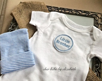 Little brother Coming home outfit, little brother Blue striped hospital hat and little brother onesie, 100% cotton, free gift wrap