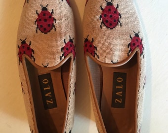 Vintage Lady Bug Needlepoint Shoes | Zalo Loafers | Cute Summer Flats | Trending 2017 Fashion Vintage Critter Flats | Ladies VTG