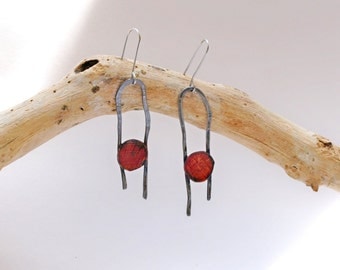 Steel earrings Metal dangle earrings Long red earrings Metal work Free style jewelry Red earrings Gift for her earrings steel metal work