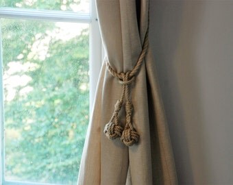 Monkey Fist Knot Tassel Hemp Rope Curtain Tie Backs / Nautical Ties/ Shabby Chic Window treatment/ rustic hold backs/ rope tie backs