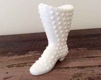 Vintage 1940s Fenton Milk Glass Hobnail Boot