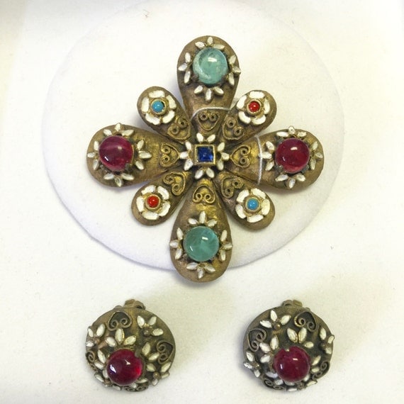 Vintage Edwardian Style De Nicola Pin and Earring Set, Vintage Jewelry Set, De Nicola Designer Multi Stone Jewelry Set