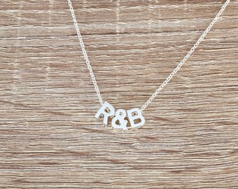 Monogram Necklace, Personalized Jewelry, Two Letter Pendant, Ampersand Charm, 2 Initial, Small Block Uppercase Alphabet Bead, Silver Plated