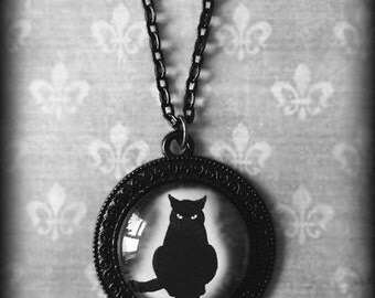 Black Cat Necklace, Gothic Pendant, Witch Wiccan Jewelry, Glass Cameo Pendant, Halloween Jewelry, Gothic Jewelry, Gift For Her, Handmade