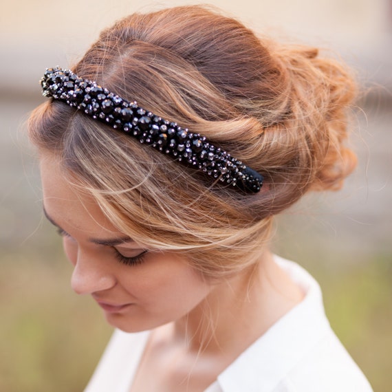 Beaded headband Black beaded headband Crystal beaded headband