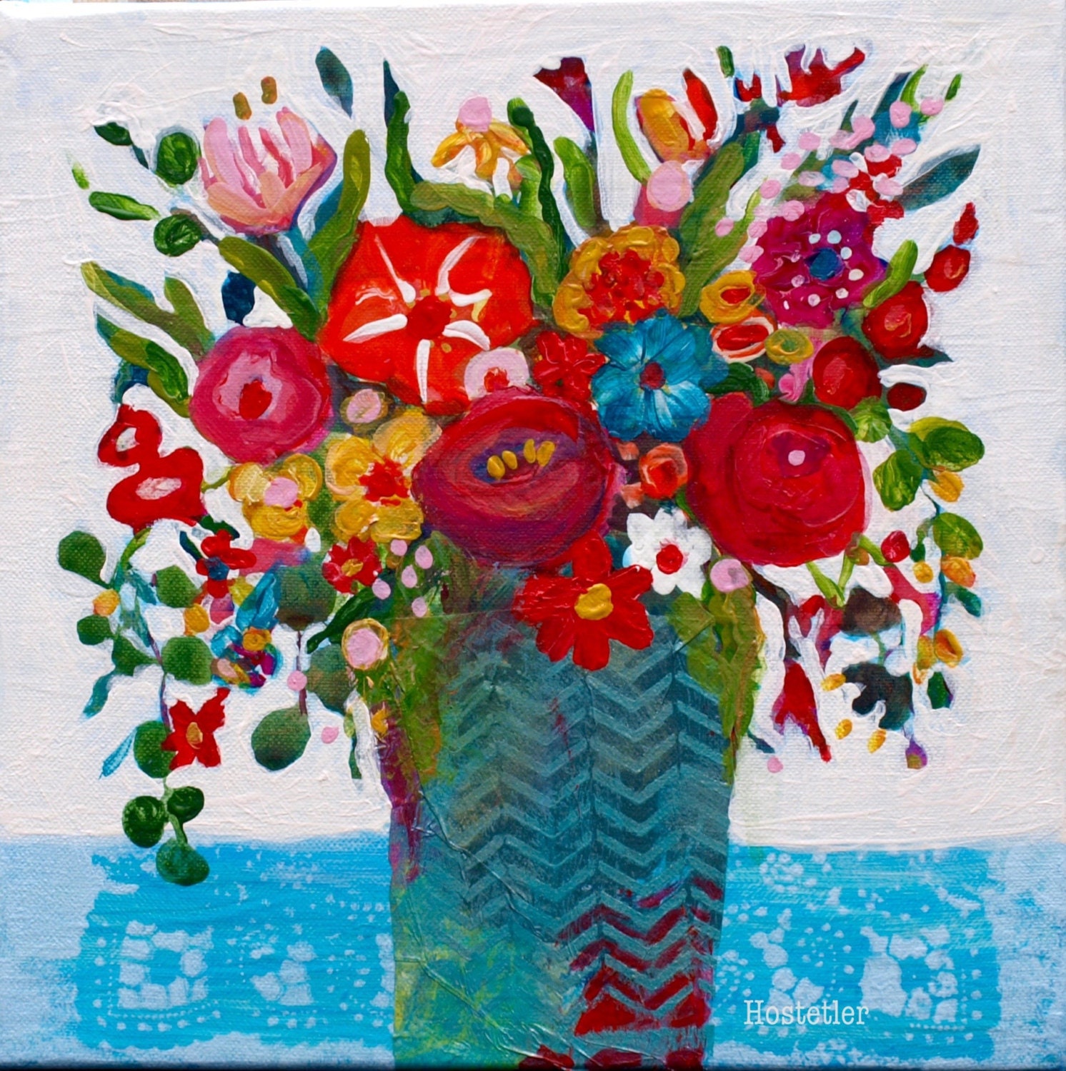 NEW Abstract Flowers in a Handmade Vase Original Painting