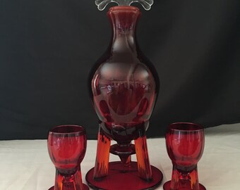 Art Deco New Martinsville Ruby Glass Moondrops Rocket Decanter Set