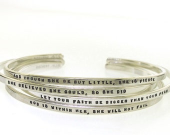 Personalized Bracelet, hand stamped sterling silver cuff bracelet custom made with your chosen message, tiny text personalized jewelry