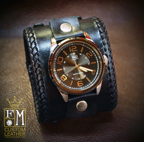 Leather cuff watch Black vintage style wide bracelet Best quality Made for YOU in NYC by Freddie Matara!