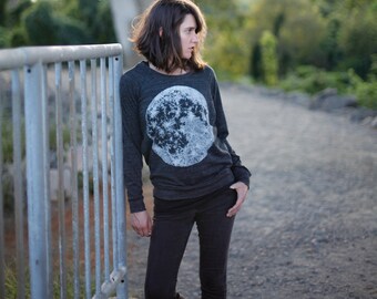 Womens pullover - long sleeved slouchy raglan - full moon print on lightweight heather black shirt - for her / for women - moon shirt