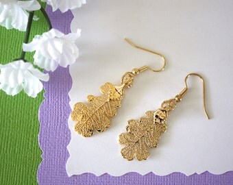 Gold Oak Leaf Earrings, Lacey Oak Leaf, Real Leaf Earrings , Oak Leaf, 24kt Gold, Nature, LESM125