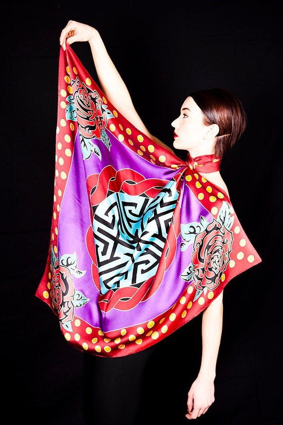 Hand Painted Silk scarf with large Mandala and four roses in each corner with polka dot edges Painted reds, burgundy and Purple.  37" x 43"