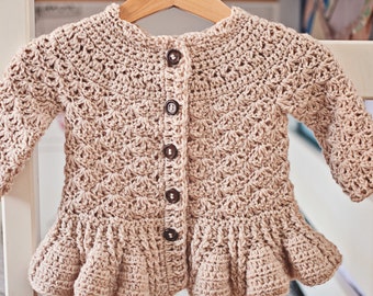 Crochet PATTERN - Soft Wool Peplum Cardigan (sizes baby up to 8 years)
