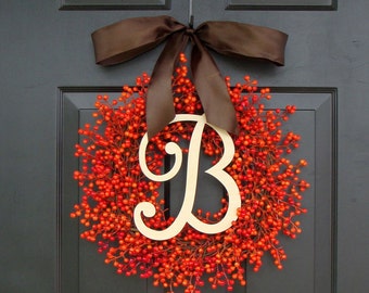 Fall Berry Wreaths, Monogram Fall Wreaths, Orange Pumpkin Wreath with Bow WEATHERPROOF Berries