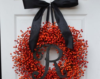 Halloween Wreath- Orange Weatherproof Berry Wreath- Fall Wreath- Autumn Decor- Halloween Decoration- Weatherproof Berries