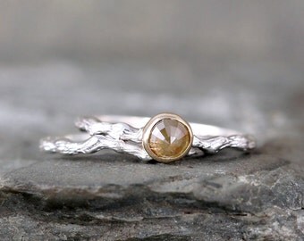 Twig Engagement Ring Golden Rose Cut Diamond - Sterling Silver 14K Yellow Gold - Tree Branch Rings - Nature - Alternative Engagement Ring