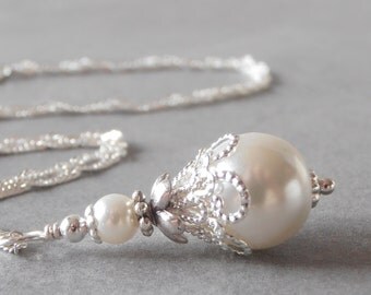White Pearl Necklace Beaded Pendant White Bridal Jewelry Pearl Brides Necklace Handmade Wedding Necklace Pearl Pendant Bridal Sets