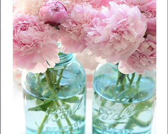 Pink Peony Prints, Shabby Chic Decor, Pink Aqua Peonies Wall Art Prints, Pink Peony Photos, Peony Prints, Pink Peonies Mason Jars Wall Decor
