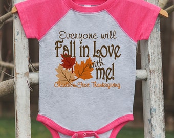 Baby Girl Thanksgiving Outfit - Custom Fall in Love Pink Raglan Onepiece or Tshirt - Baby Girl First Thanksgiving Outfit - Fall In Love
