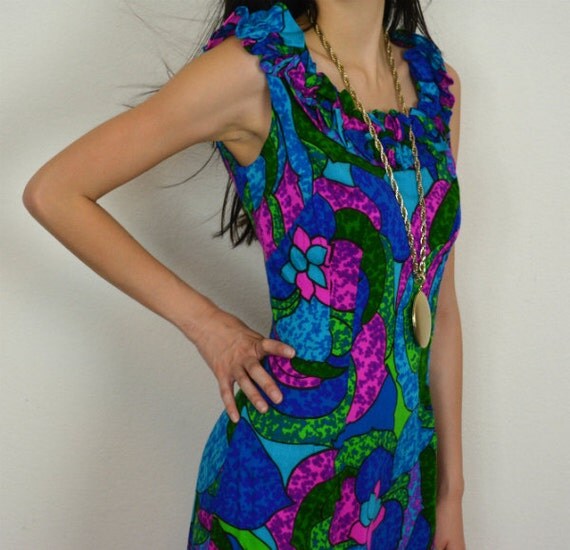 60s Psychedelic Dress Long Maxi Dress Vivid Blue, Green, Pink, and Purple Groovy Print Ruffle Detail Epsteam