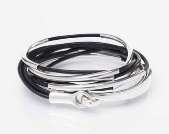 BOHO Leather Wrap Bracelet, Leather Jewelry, Gift for Her, Black Leather, Triple Wrap Bracelet, Bangle, Cuff, Tubes, Hook