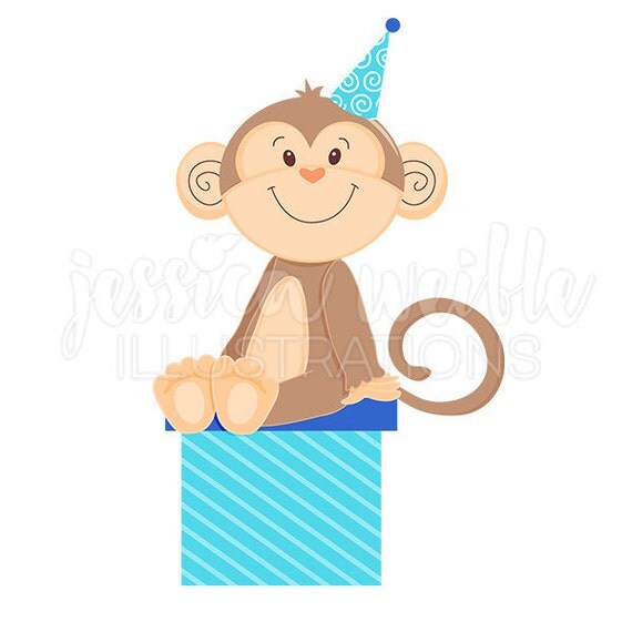 Blue Monkey on Gift Cute Digital Clipart, Party Monkey Clip art, Birthday Graphics, Monkey Illustration, #1584 Il_570xn